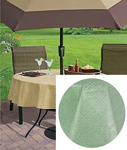 Newbridge Sage Green Basketweave Solid Color Vinyl Flannel Backed Tablecloth, Basket Weave Indoor/Outdoor Patio, Kitchen, Dining Tablecloth, 70” Zipper Umbrella Round