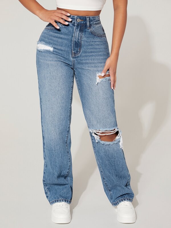High Waist Cut Out Ripped Frayed Straight Leg Jeans