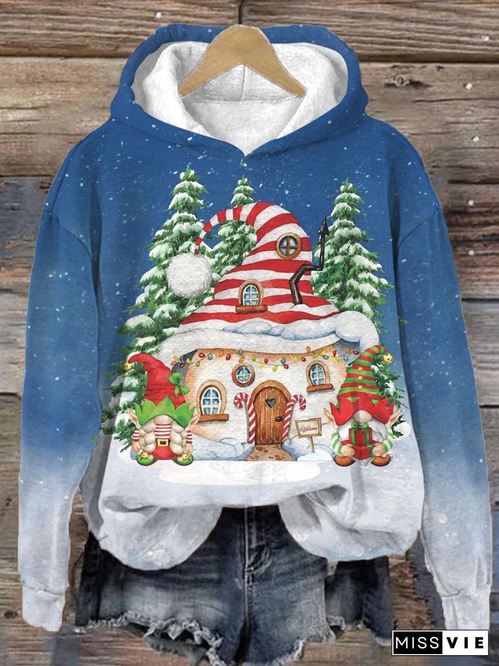 Snowing Gnome House Long Sleeve Printed Hoodie