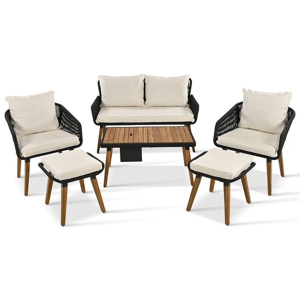 6 PCS Rope Outdoor Patio Furniture Set for 6 with Two Stools，Cool Bar Table Combo