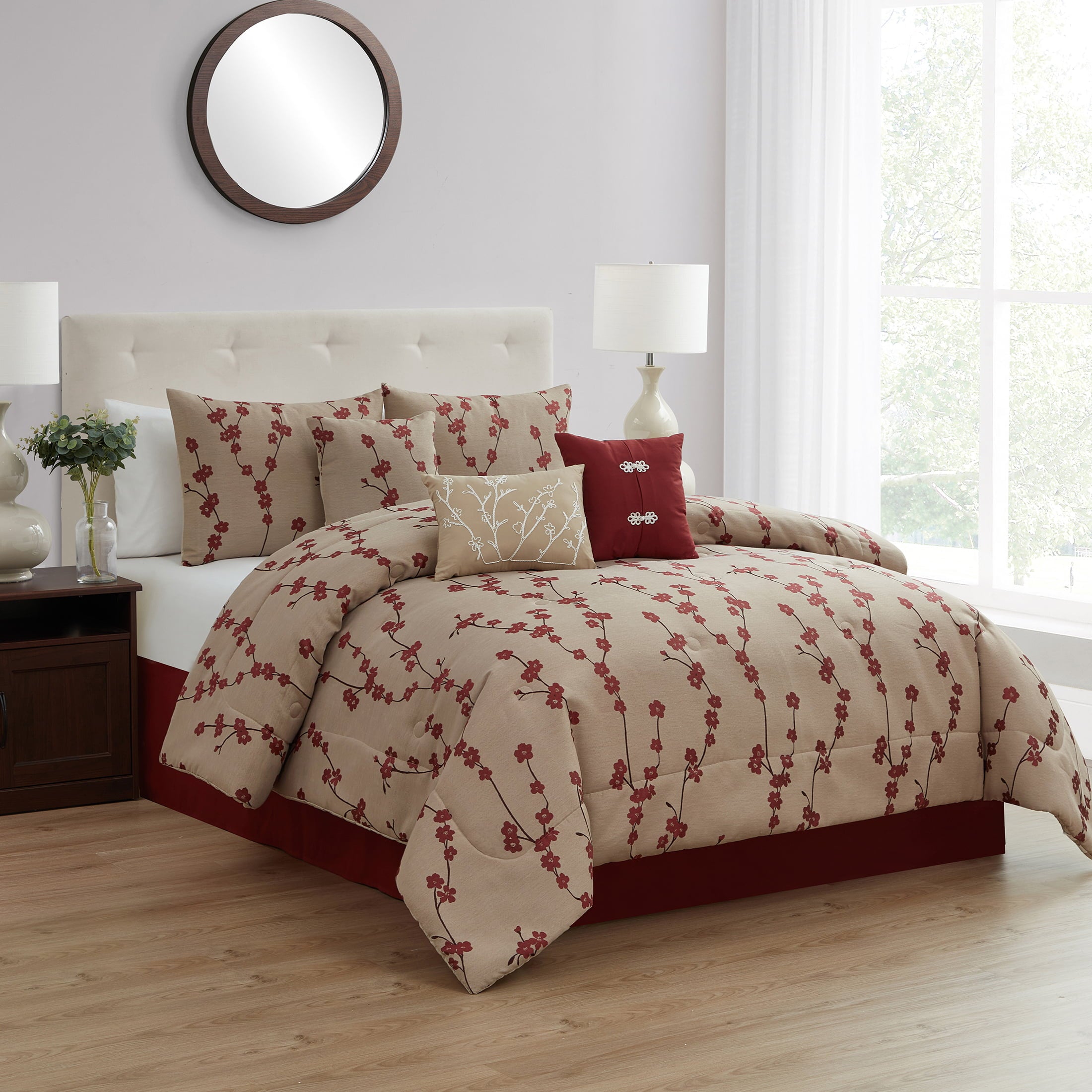 Mainstays Aaroon 7-Piece Red Floral Polyester Comforter Set， Full/Queen