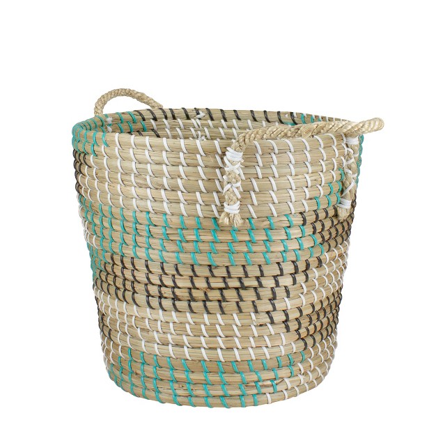 Natural Woven Seagrass Basket With Teal Black And White Accents