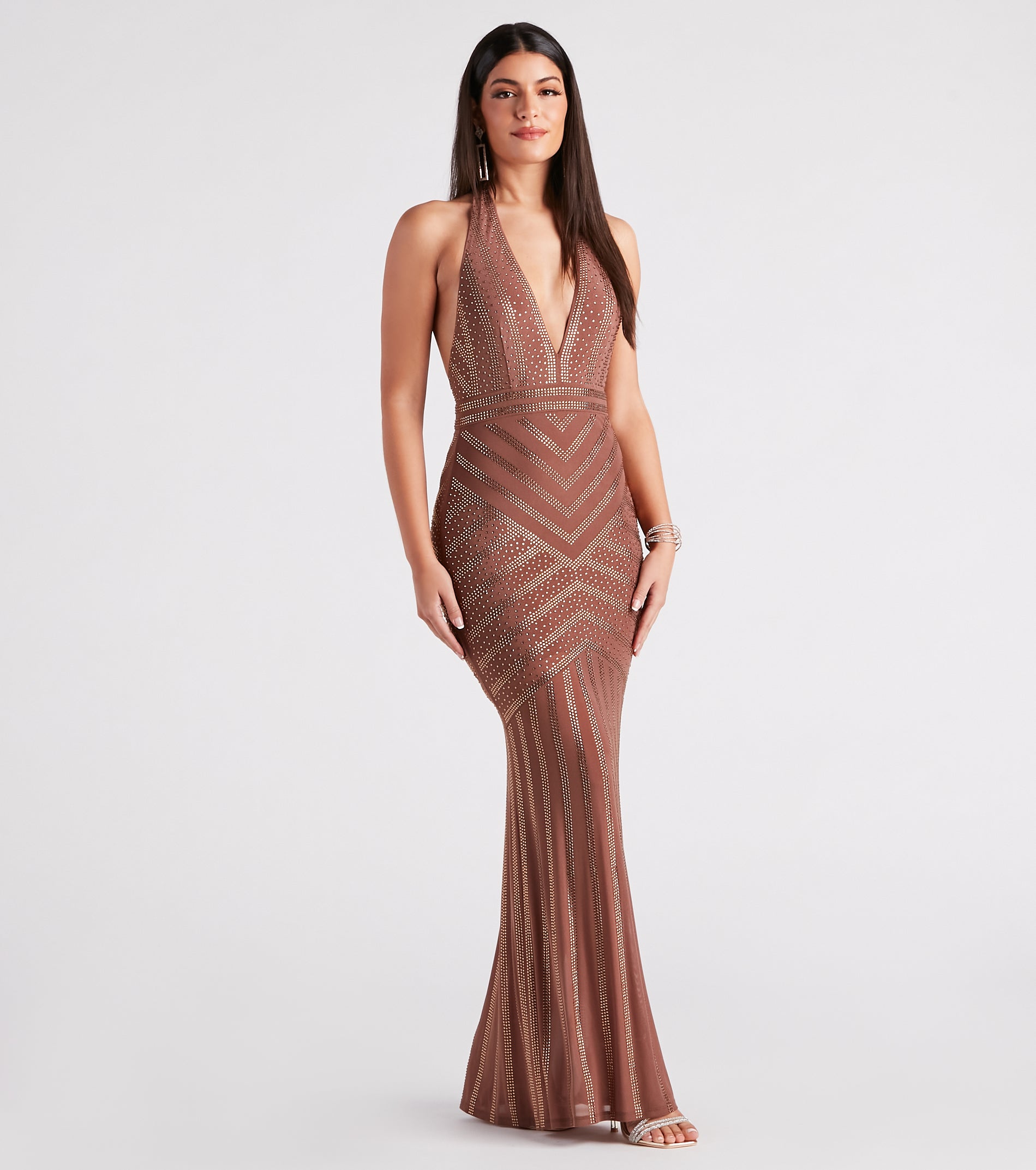 Miriam Rhinestone Plunging Halter Mermaid Dress