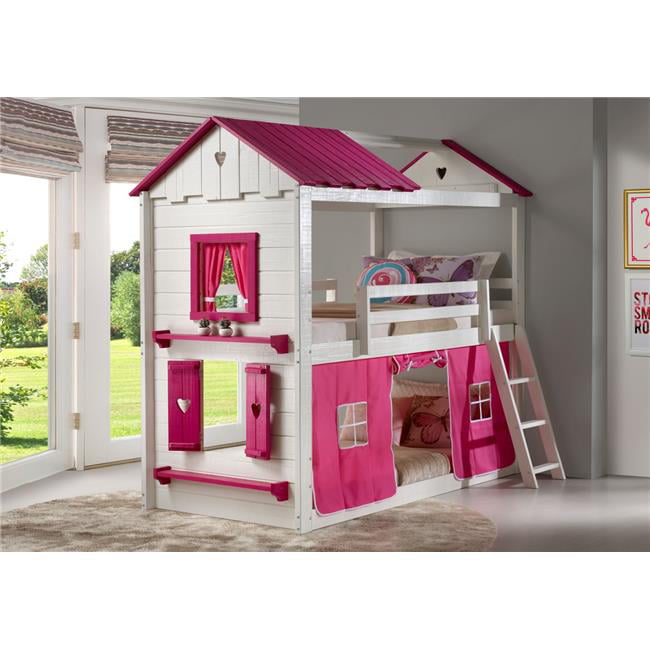 Donco Kids PD-1570TTWP-1575TP Twin Over Sweetheart Bunk Bed, White & Pink with Pink Tent