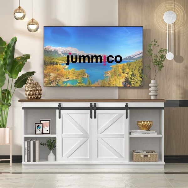 Farmhouse TV Stand up to 65 Inches， Mid Century Modern Entertainment Center with Sliding Barn Doors and Storage Cabinets