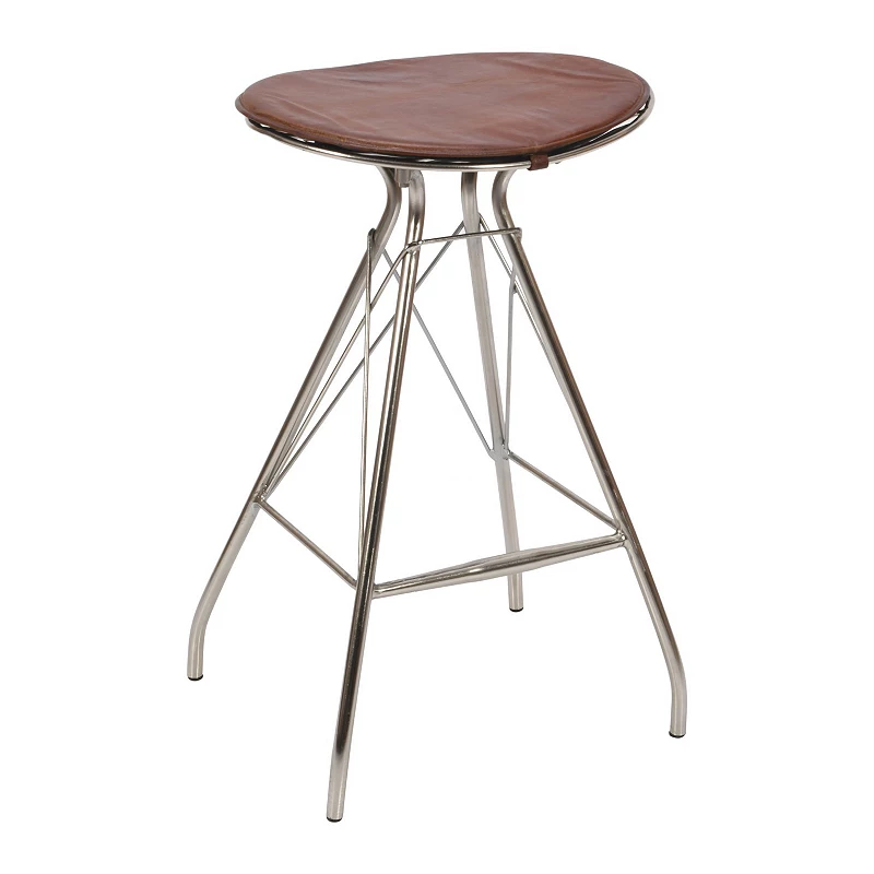 30 Inch Metal Frame Bar Stool， Round Genuine Leather Seat， Dark Brown， Silver