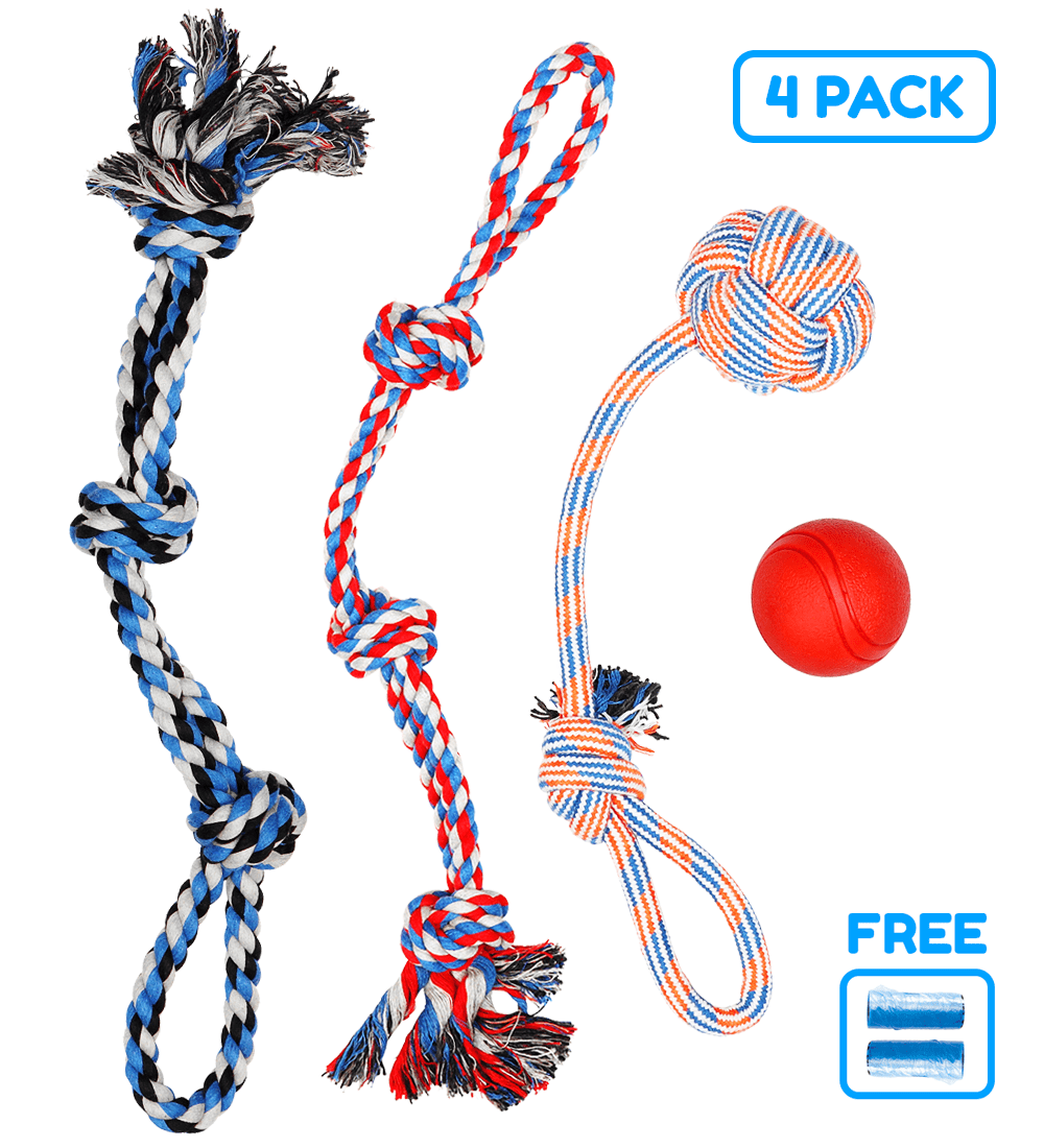 Pacific Pups Products 4 Pack XL Stress Relieving Rope Dog Toys and Dog Ball， Perfect for Large Breed Dogs