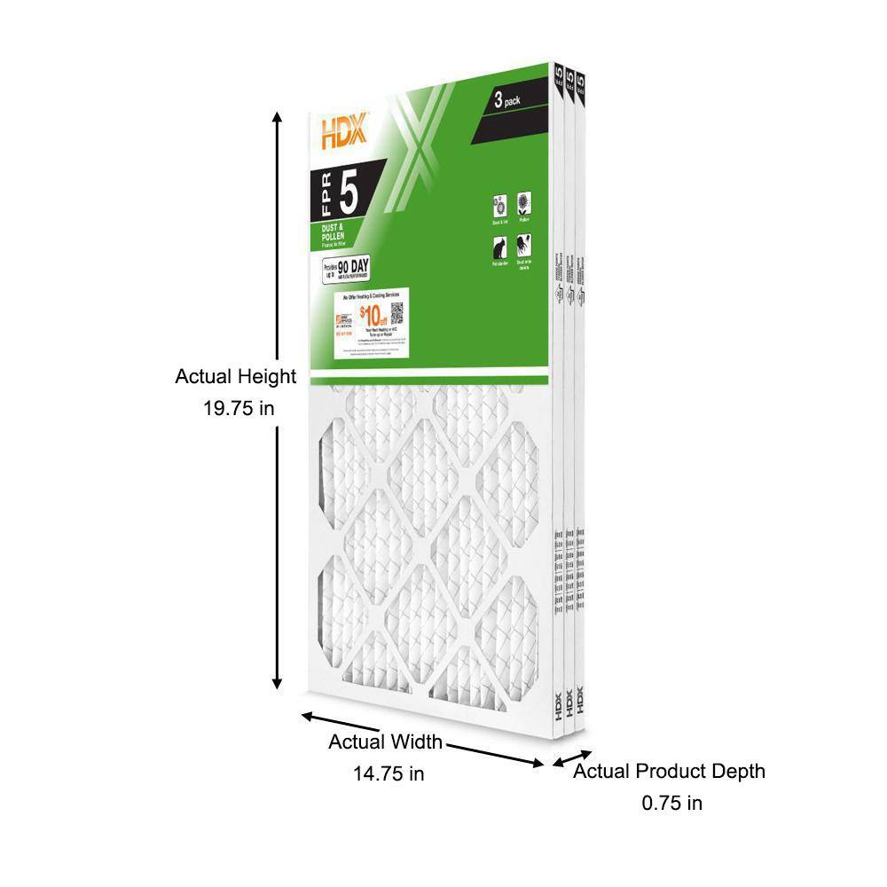 HDX 15 in. x 20 in. x 1 in. Standard Pleated Air Filter FPR 5 (3-Pack) HDX3P5-011520