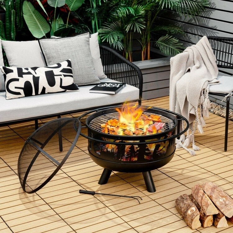 Portable Patio Screened Wood Burning Fire Pit Cooking Grill with Poker   30 inches L x 30 inches W x 26 inches H