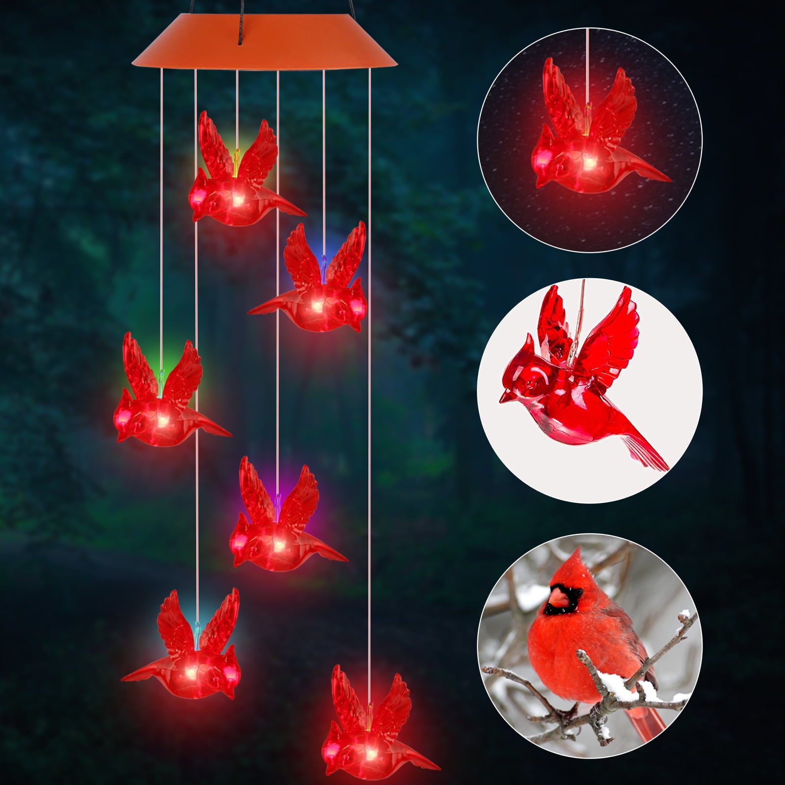 TSV Solar Powered Wind Chimes Light， Cardinal Red Bird Wind Belles Lights Outdoor LED IP66 Waterproof for Yarden Garden Decoration