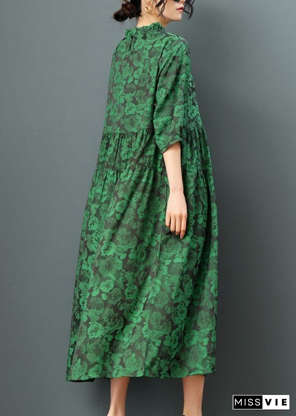 Green O-Neck Print Drawstring Maxi Dress Half Sleeve