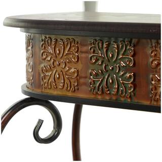 Litton Lane 43 in. Brown Extra Large Rectangle Metal Embossed 1 Shelf Floral Console Table with Ornate Scroll Legs 74362