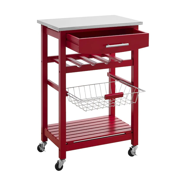 Linon KI094RED01U Red Wood Base with Stainless Steel Metal Top Rolling Kitchen Cart (22.88-in x 15.75-in x 33.88-in)