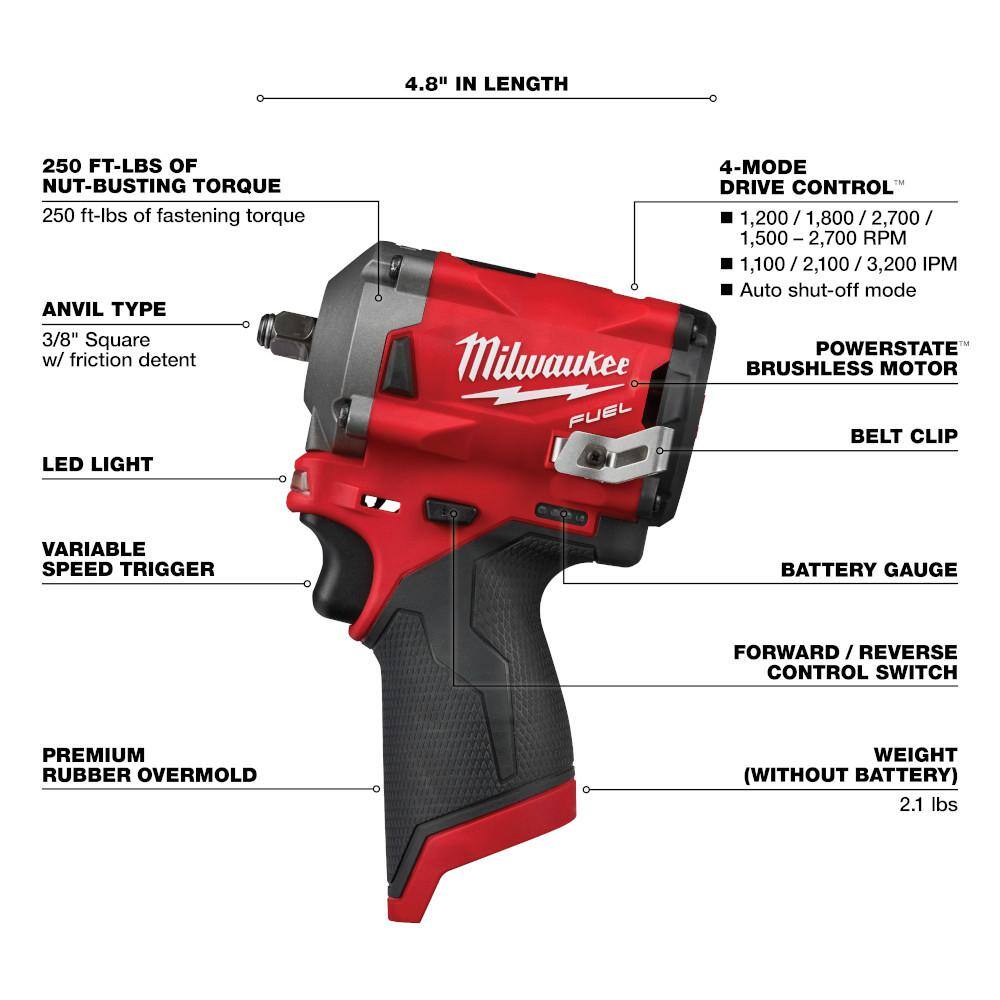 MW M12 Cordless Compact Inflator Kit w4.0 Ah Battery and Charger wM12 FUEL Cordless Stubby 38 in. Impact Wrench 2475-21XC-2554-20