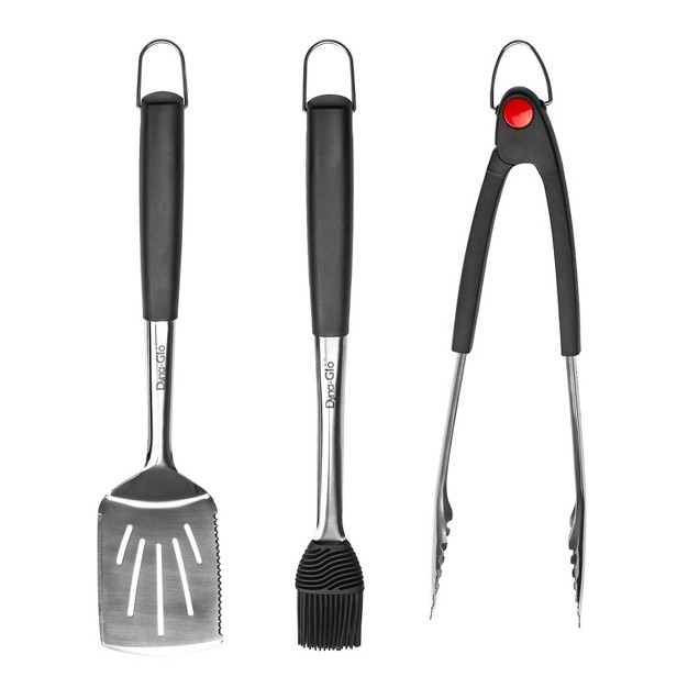 Dyna glo 3pc Stainless Steel Spatula Basting Brush And Tongs With Silicone Soft Touch Handles