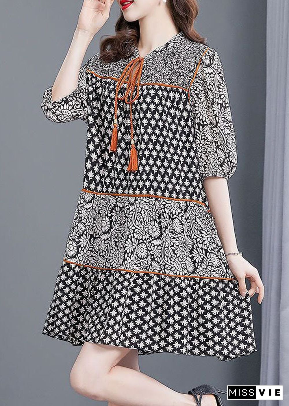 Fine Black Oversized Patchwork Print Chiffon Vacation Dresses Summer