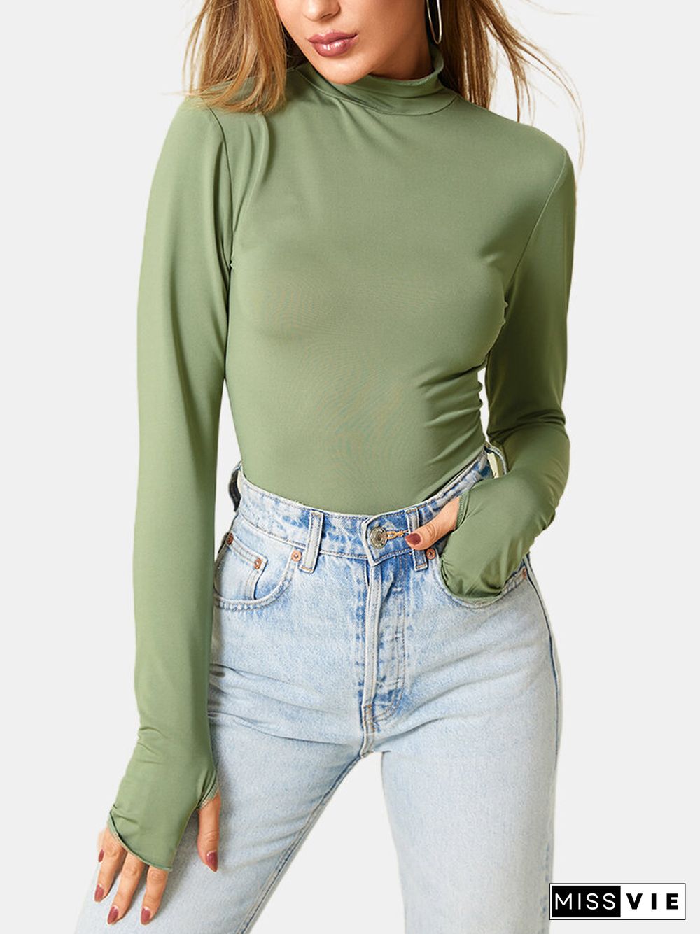 Women Solid Color Long Sleeve High Neck Casual T-Shirt