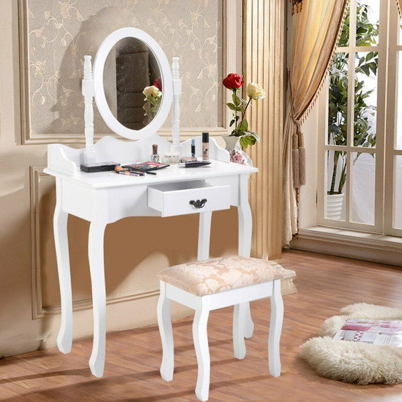 Costway 76832591 Wooden Vanity Makeup Set with Cus...