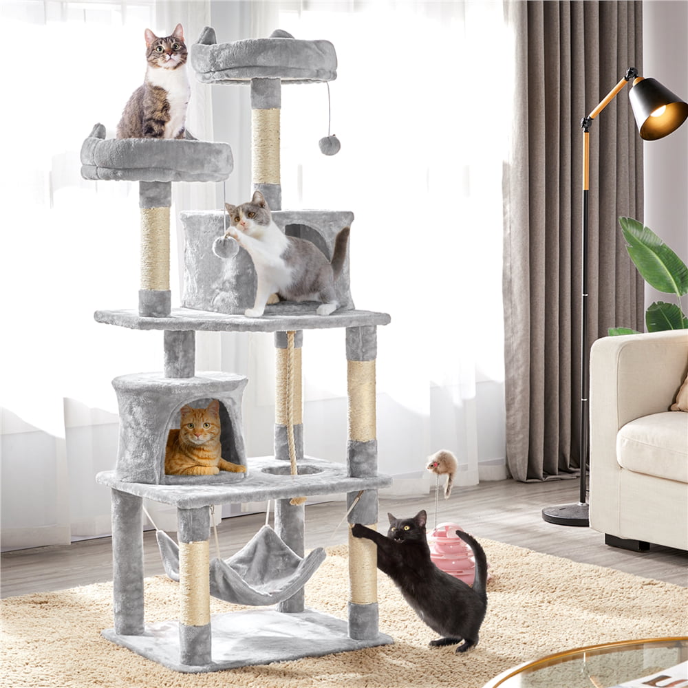 Topeakmart 62.2'' Multi Level Cat Tree Scratching Post Tower with 2 Condos and 2 Foam-Padded Perches and Fur Ball， Light Gray