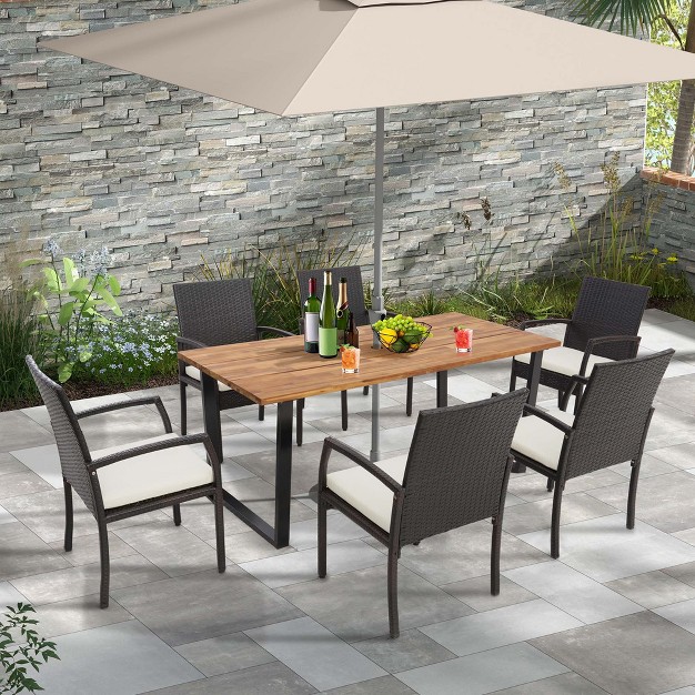 Costway 7 Pcs Patio Rattan Dining Set Acacia Wood Table 6 Wicker Chairs With Umbrella Hole