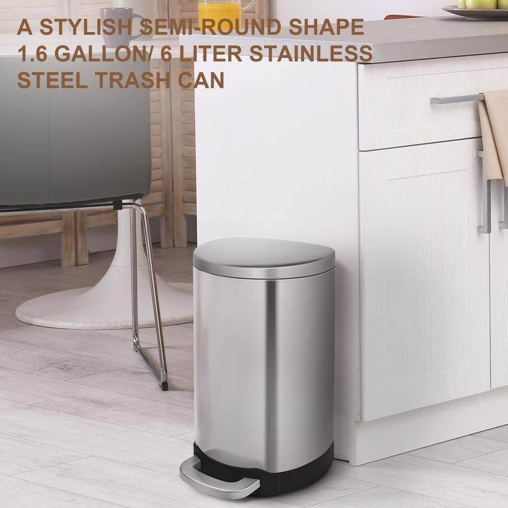 Innovaze 1.6 Gal.6-Liter Fingerprint Free Brushed Stainless Steel Semi-Round Step-On Trash Can MGCS-A1812430006