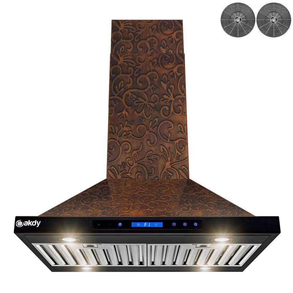 AKDY 30 in 343 CFM Convertible Island Mount Range Hood with LED Lights in Embossed Copper Vine Design with Carbon Filters