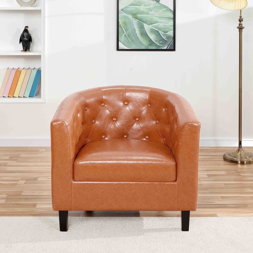 Emma Accent Chair  Button Tufted Faux Leather Barrel Chair  Midcentury Modern Accent Chair  Comfy Armchair  Tub Barrel Chairs