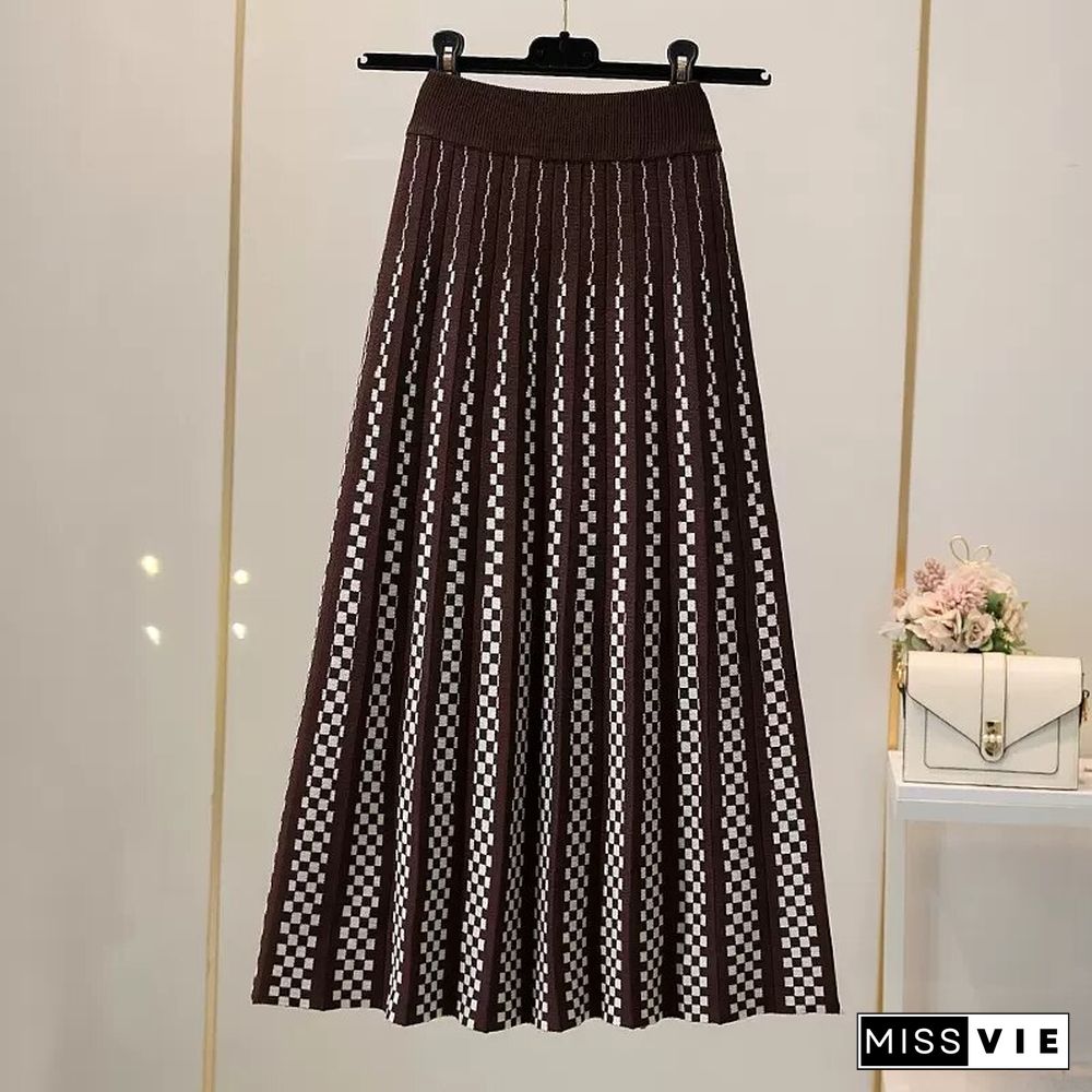 Retro Harajuku Preppy Style Plaid Skirt Women Autumn Winter Fashion High Waist Elastic Midi Pleated Skirt Korean Y2k Skirt