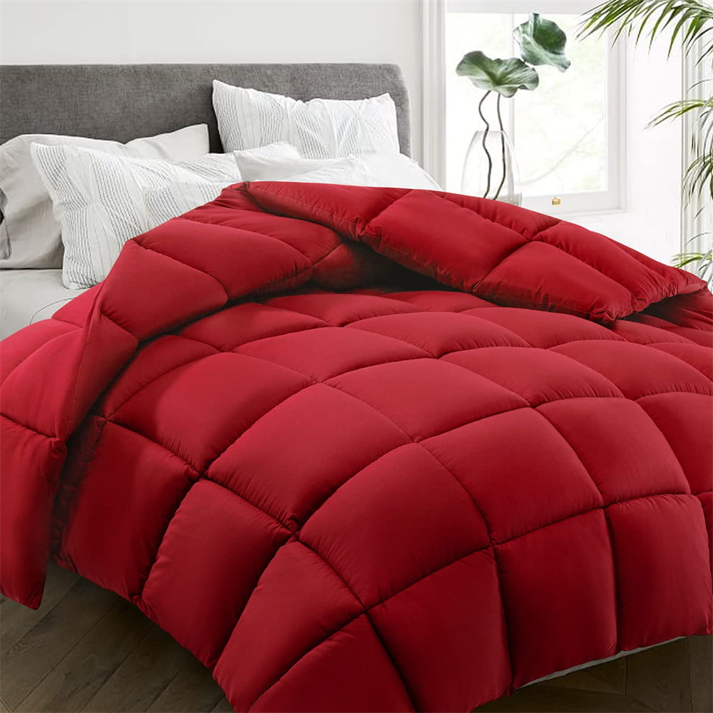 BUMBLR All Season Soft Quilted Down Alternative Red Comforter Reversible Duvet Insert with Corner Tabs，Queen