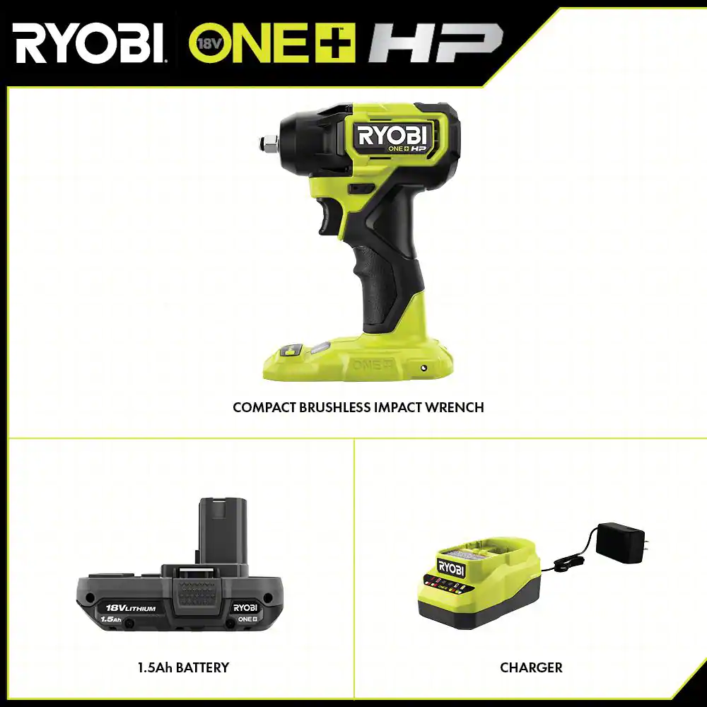 RYOBI PSBIW01K ONE+ HP 18V Brushless Cordless Compact 3/8 in. Impact Wrench Kit with 1.5 Ah Battery and 18V Charger