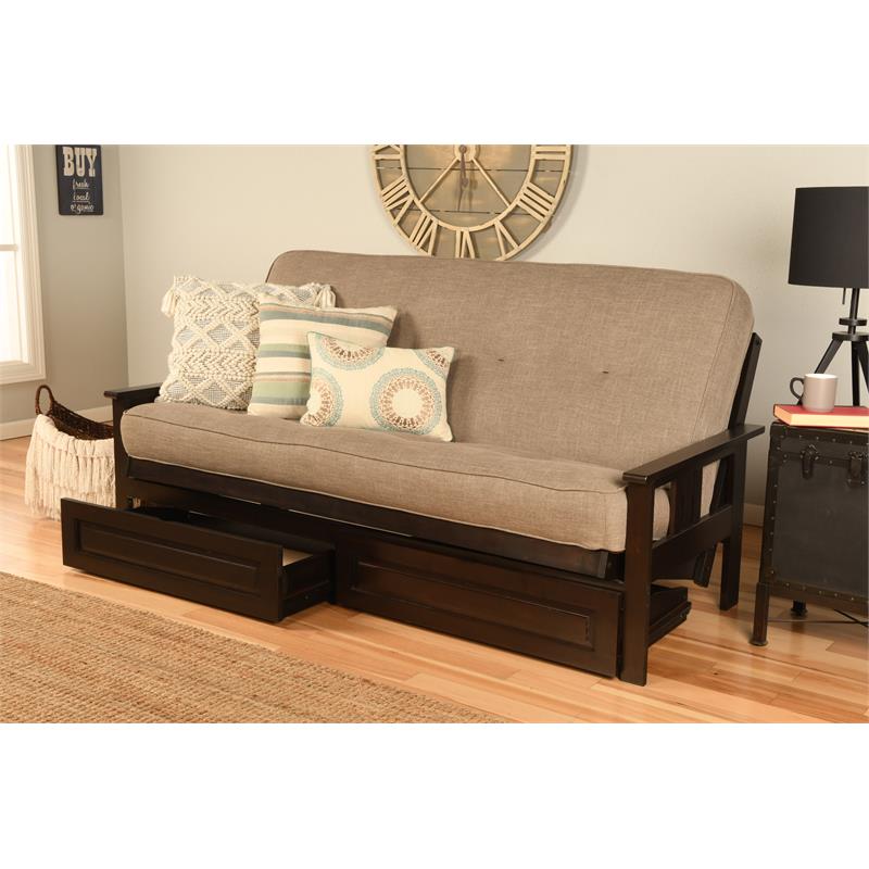 Kodiak KFMODEPLSTNLF5MD4 Monterey Espresso Futon Frame with Linen Stone Mattress & Storage Drawers - Full Size