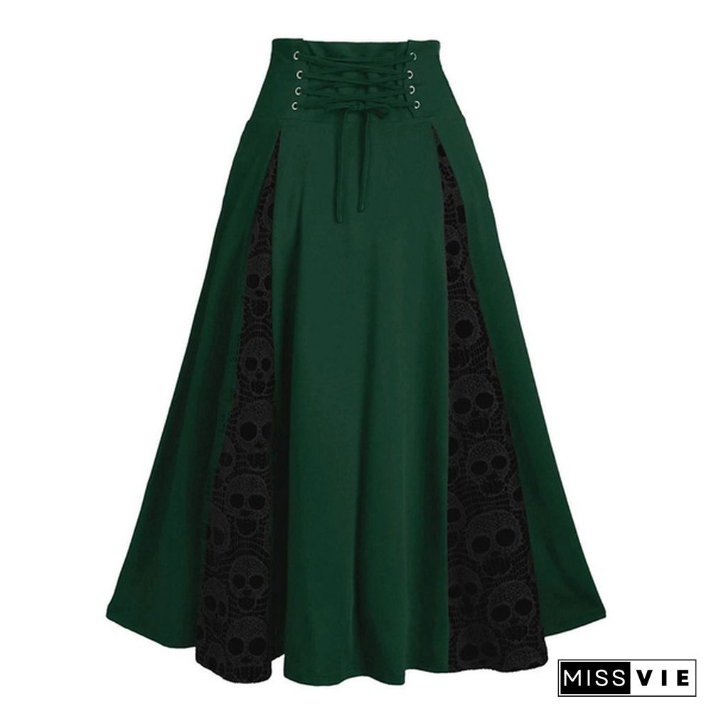 Women Plus Size Lace Patchwork High Waist Midi Skirt Gothic Pleated Skirt