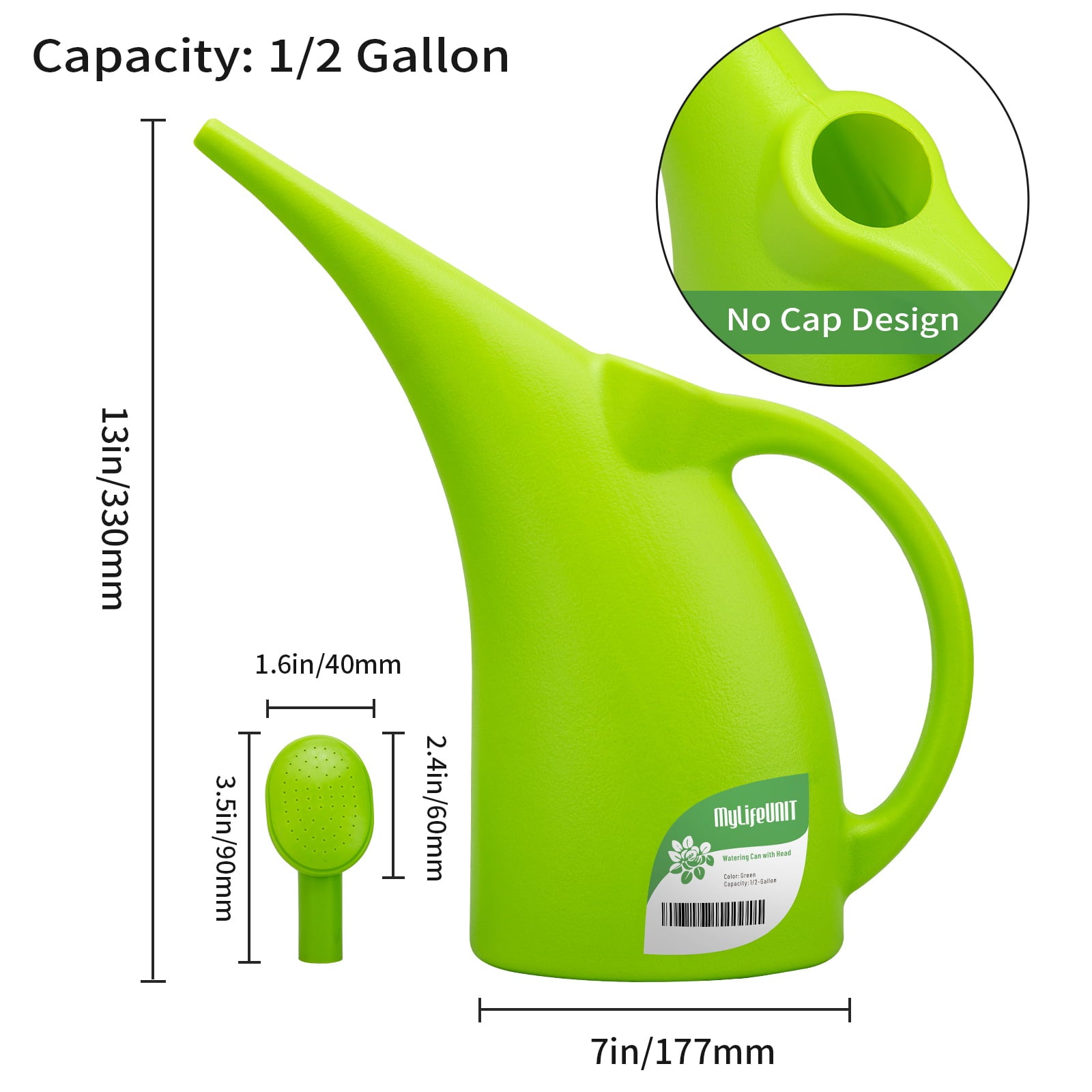 MyLifeUNIT Watering Can for Indoor Plants， Water Can with Shower Head， 1/2 Gallon (Green)