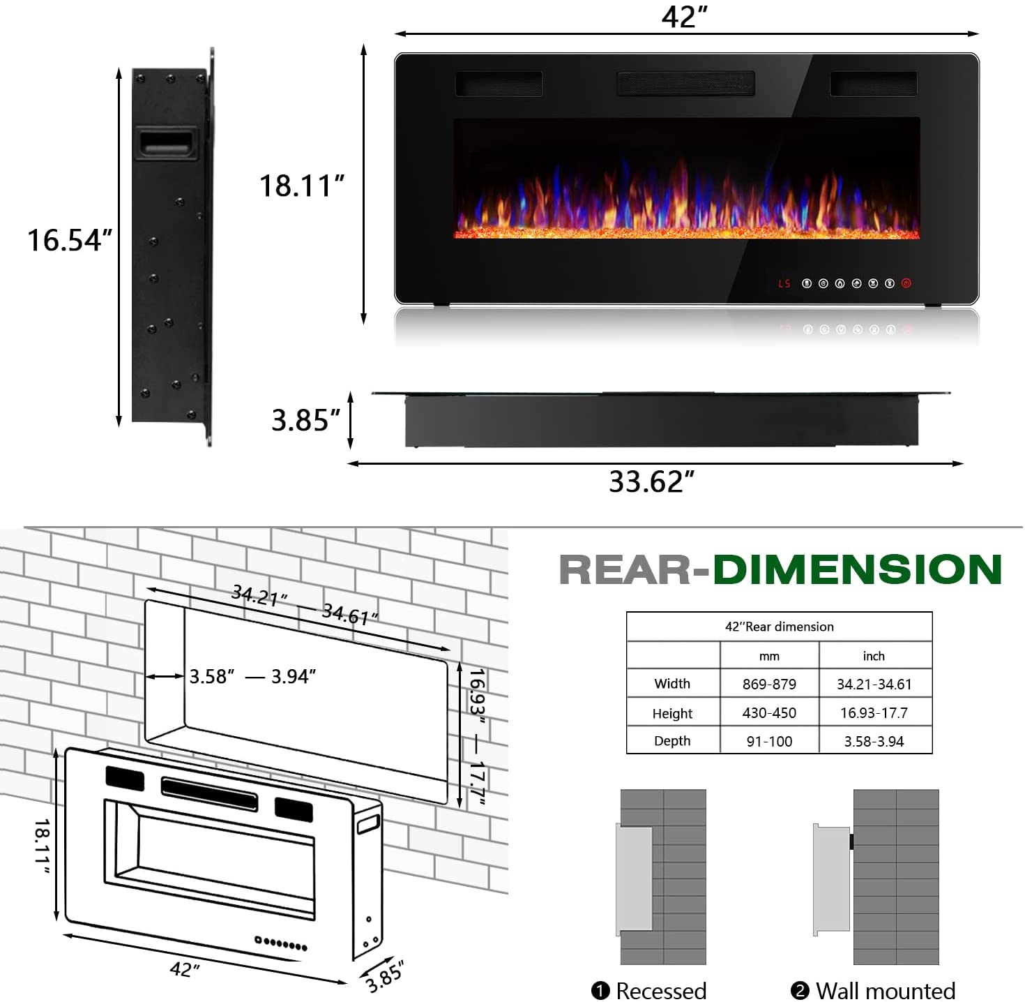 Waleaf 42 inch Ultra-Thin Silence Linear Electric Fireplace Inserts, Recessed Wall Mounted Fireplace, Fit for 2 x 4 and 2 x 6 Stud, Adjustable Flame Color & Speed,Touch Screen Remote Control 8h Timer