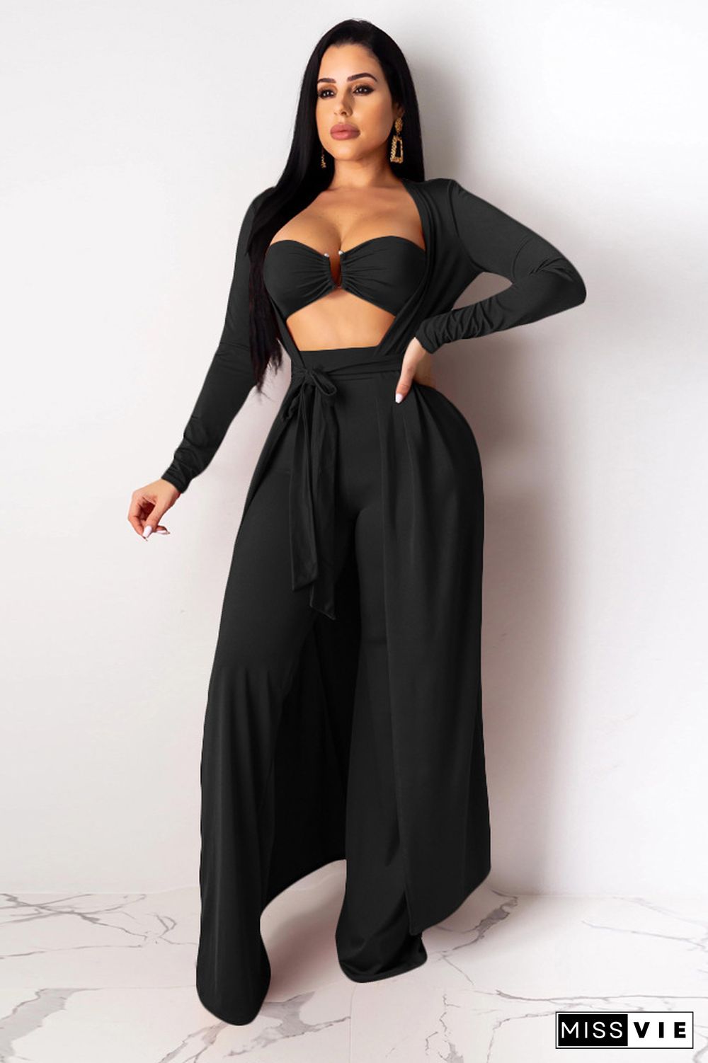 Crop Bra Top Wide Leg Pants Long Cardigan Set