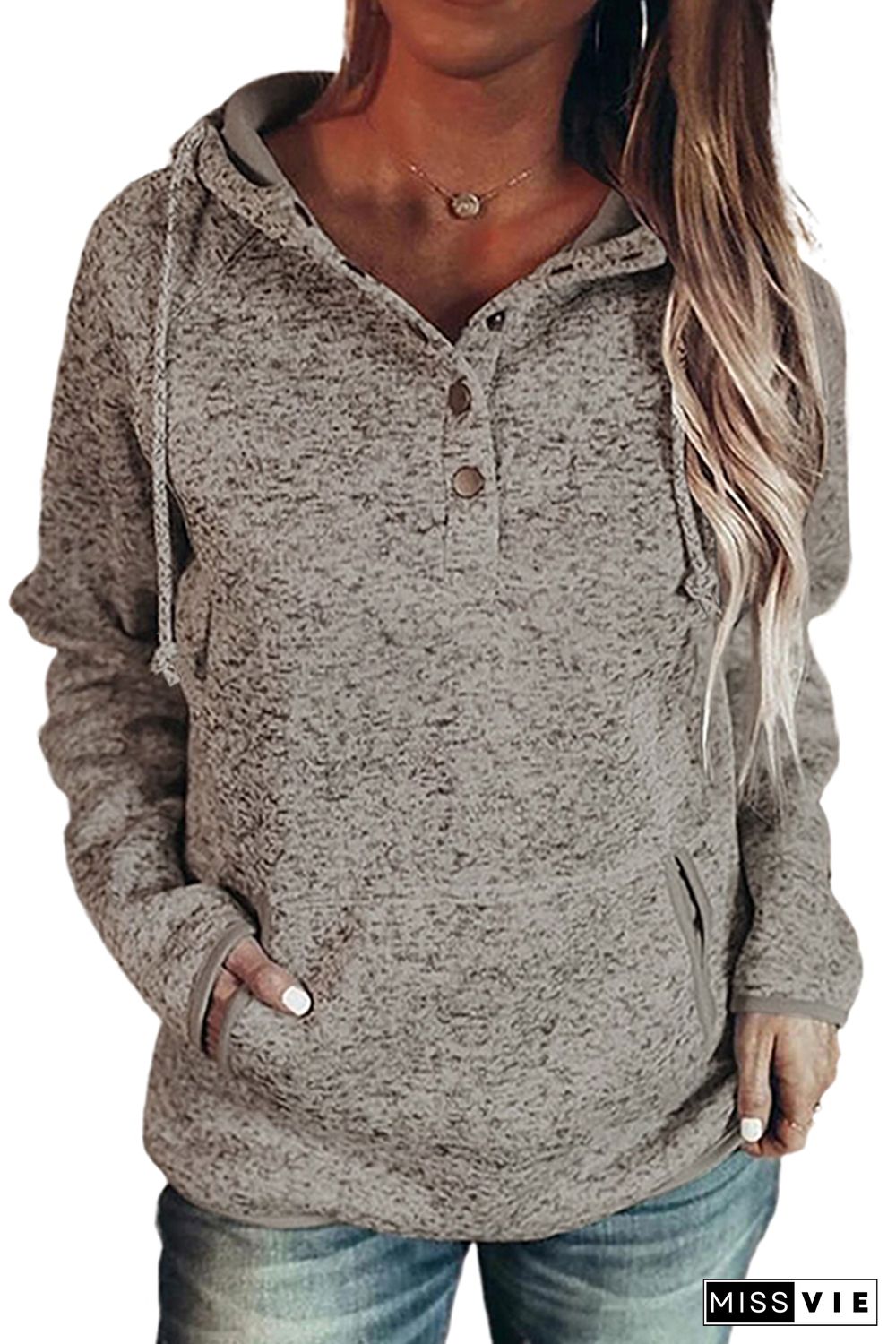 Heathered Print Button Snap Neck Pullover Hoodie