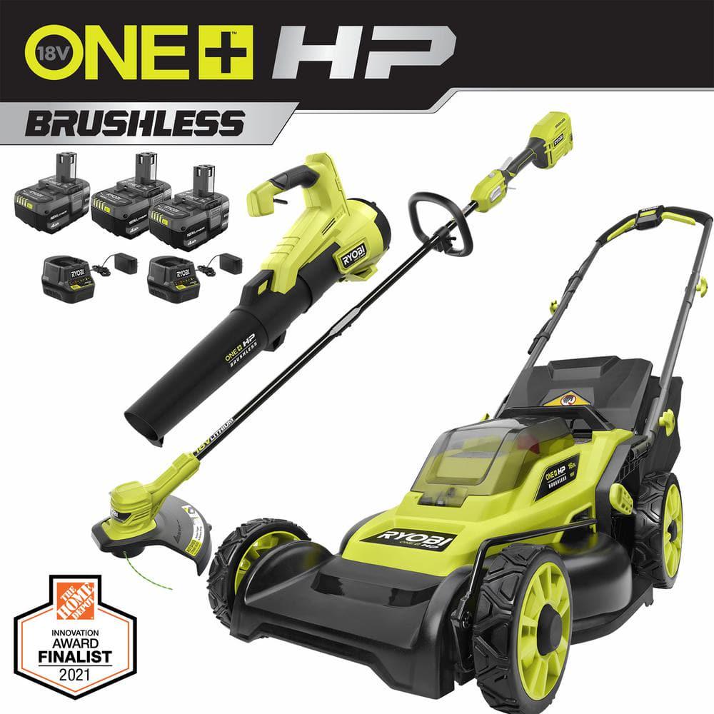 RYOBI ONE HP 18V Brushless Cordless Battery Walk Behind Push Lawn MowerTrimmerBlower with