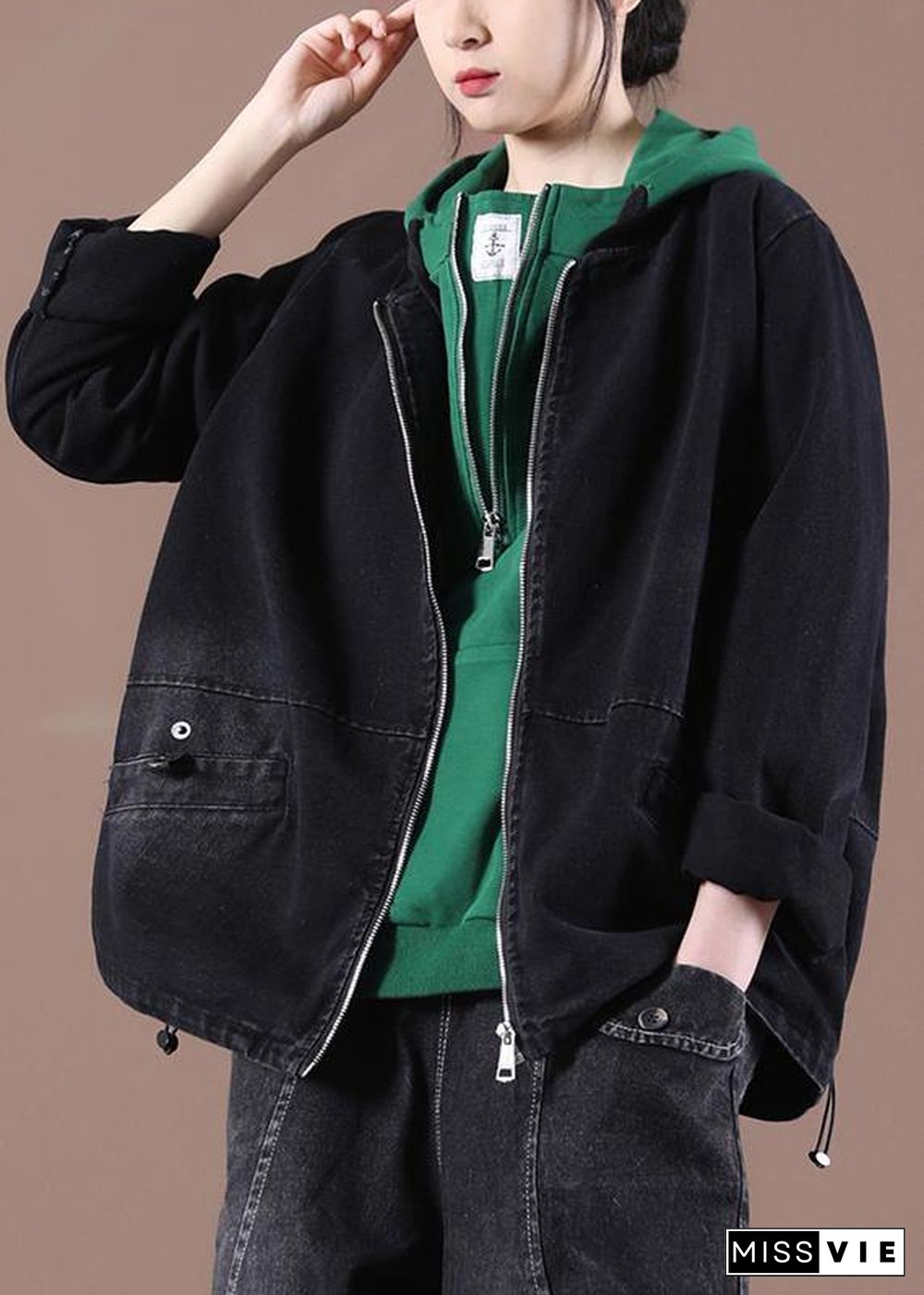 Women's Loose Drawstring Baseball Collar Denim Jacket