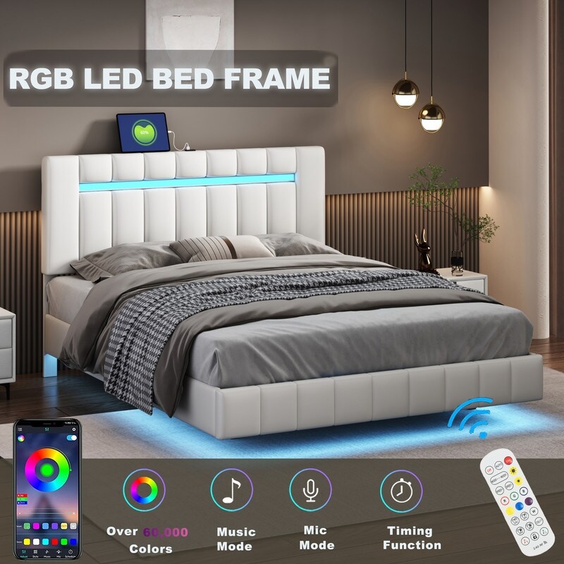 PU Upholstered Platform Bed with LED Lights and USB Charging Queen Size