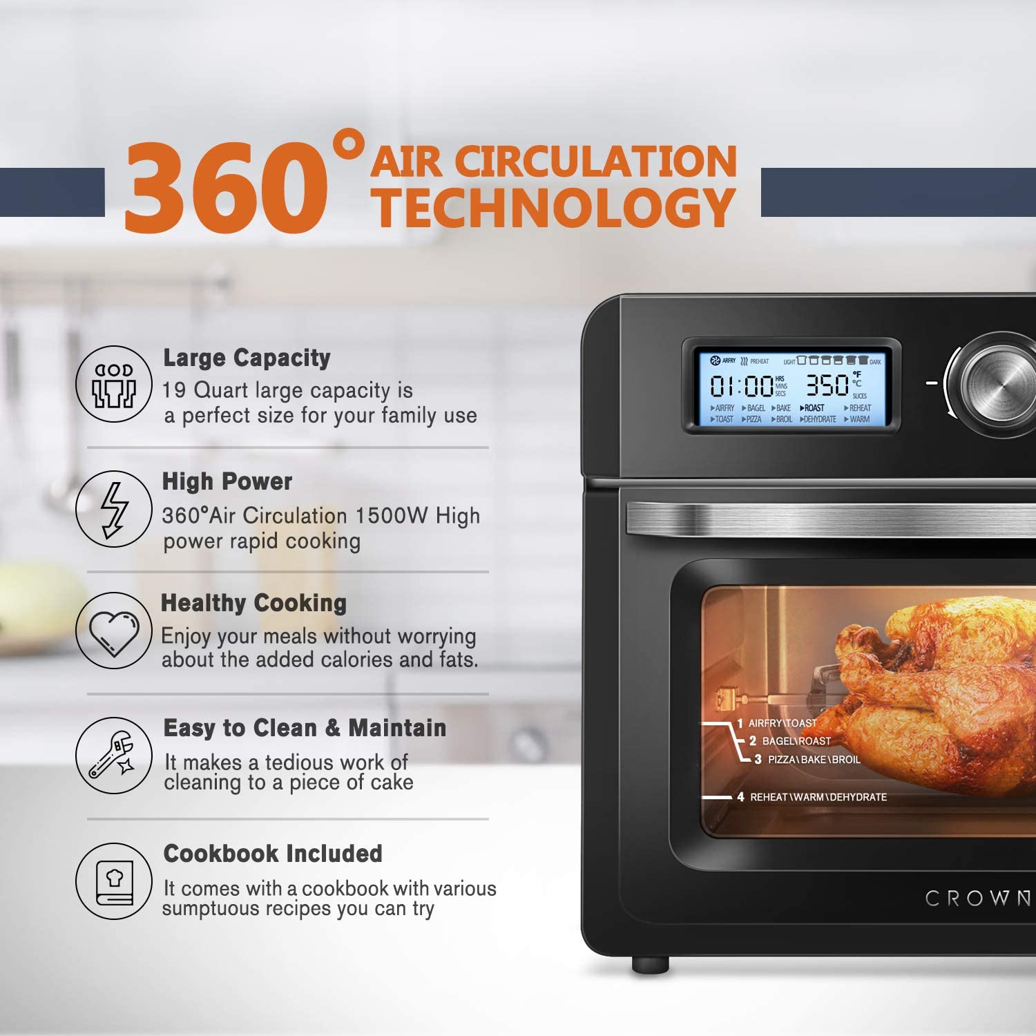 CROWNFUL 19 Quart Air Fryer Toaster Oven, Convection Roaster, 10-in-1 Countertop Oven,1550W