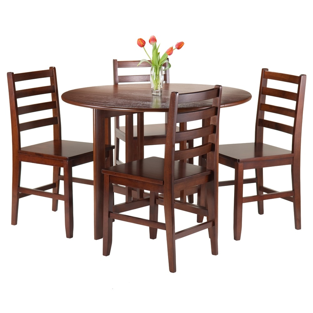 5 Pc Round Drop Leaf Table with Ladder back Chairs  Walnut