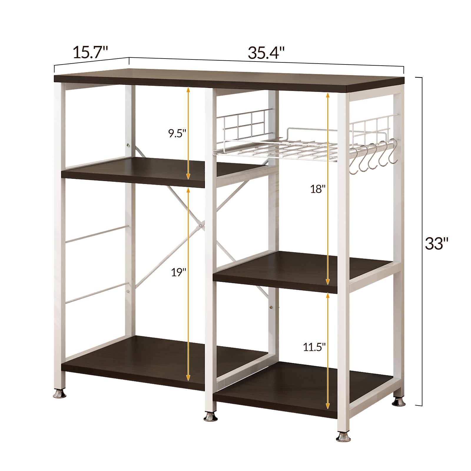 UbesGoo 4-Layer Kitchen Microwave Oven Stand Baker's Rack Storage Shelf Organizer with Basket and Hooks， Dark Brown