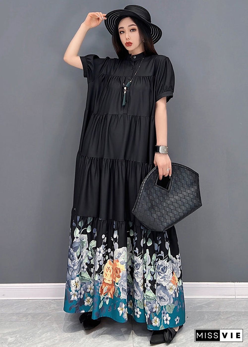 French Black Stand Collar Floral Print Wrinkled Patchwork Cotton Long Dress Short Sleeve