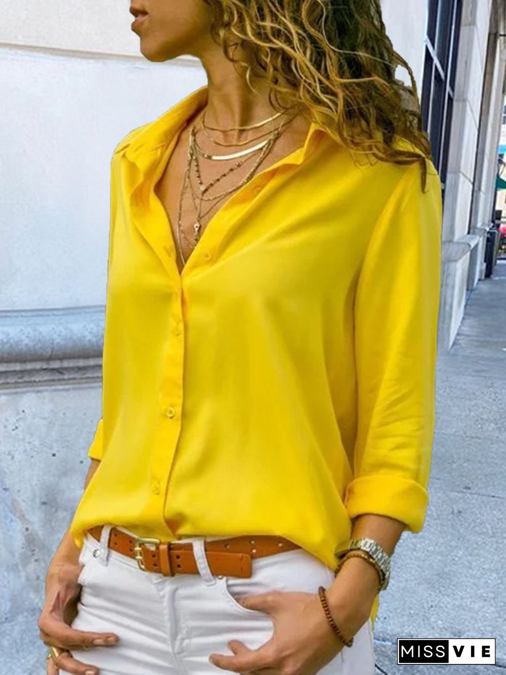 Woman Casual Buttoned Long Sleeve Solid V-Neck Blouse