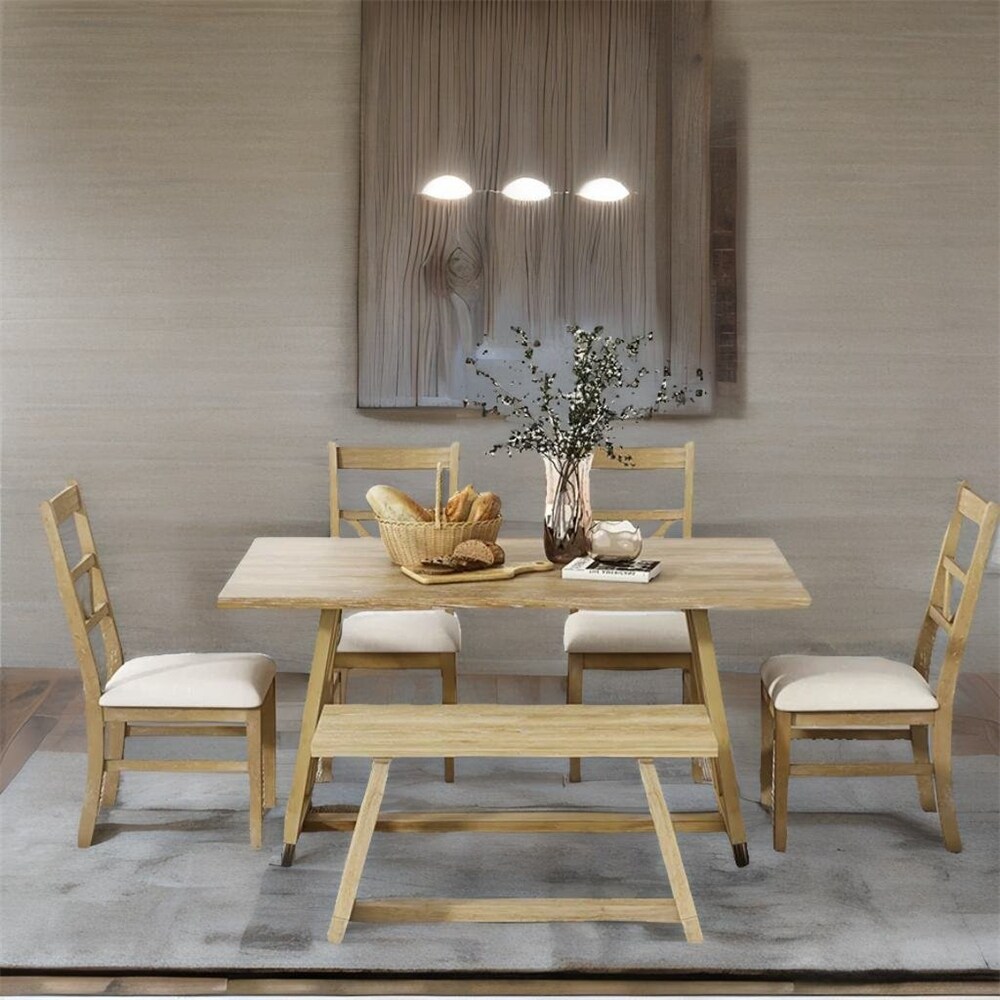 Dining Table Set with 4 Upholstered Chairs and Wood Bench（Set of 6）