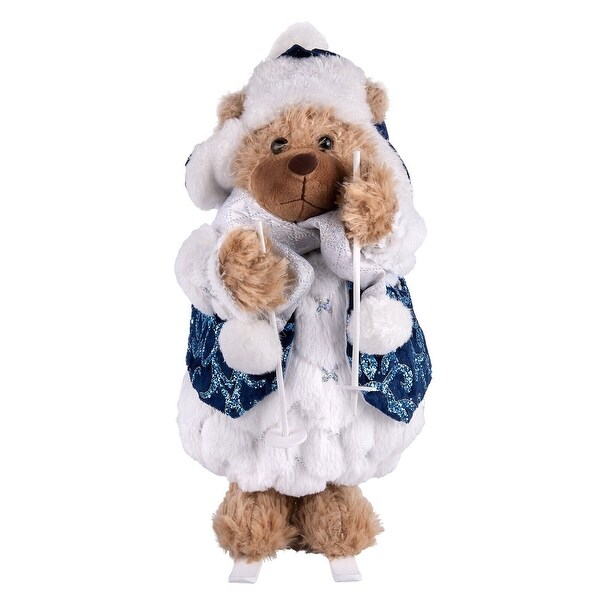 16 Christmas Plush Bear Santa Doll in Blue Coat on Skis