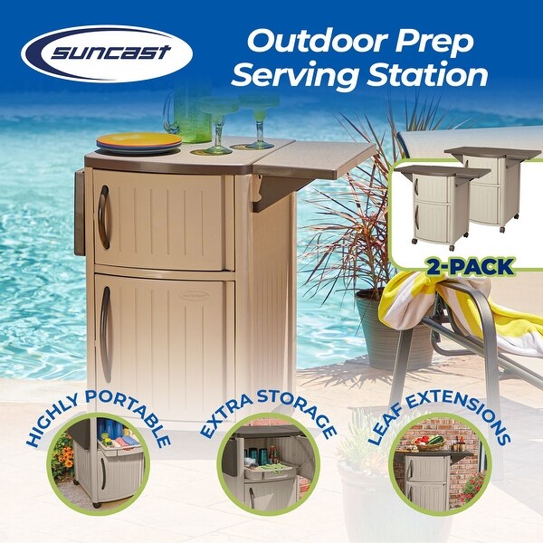 New Suncast Portable Outdoor Patio Prep Serving Station Table and Cabinet (2 Pack)