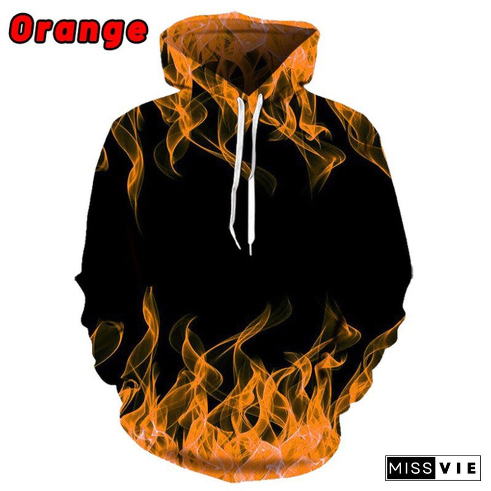 New Colorful Unisex Fashion Long Sleeve Hooded Sweatshirt 3D Printed Flame Jumper Hoodies Oversized Loose Drawstring Sweatshirt