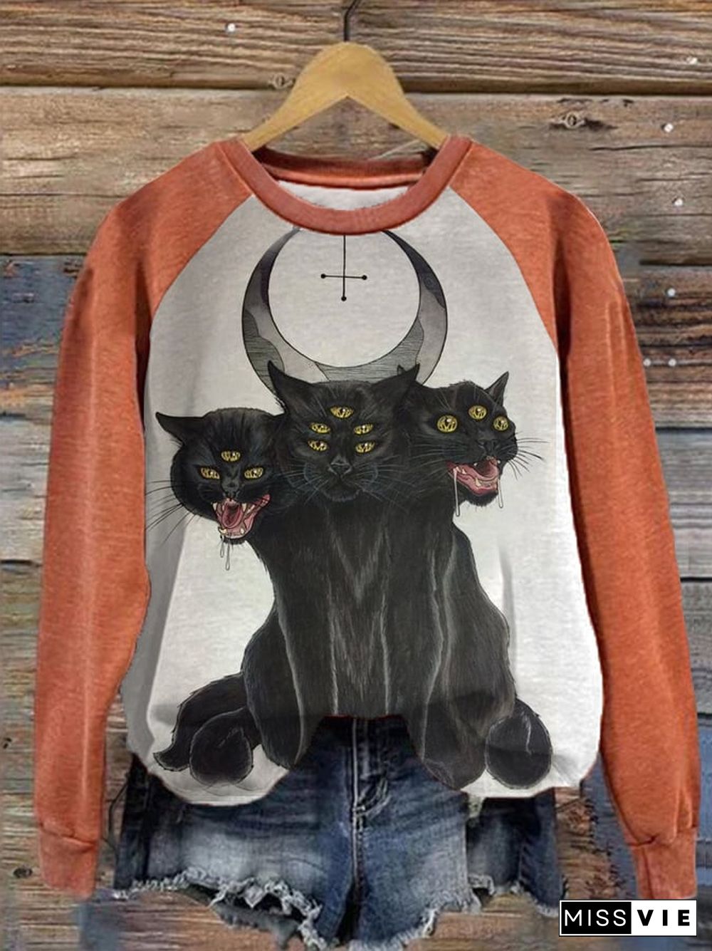 Fashion Casual Loose Art Cat Halloween Print Sweatshirt