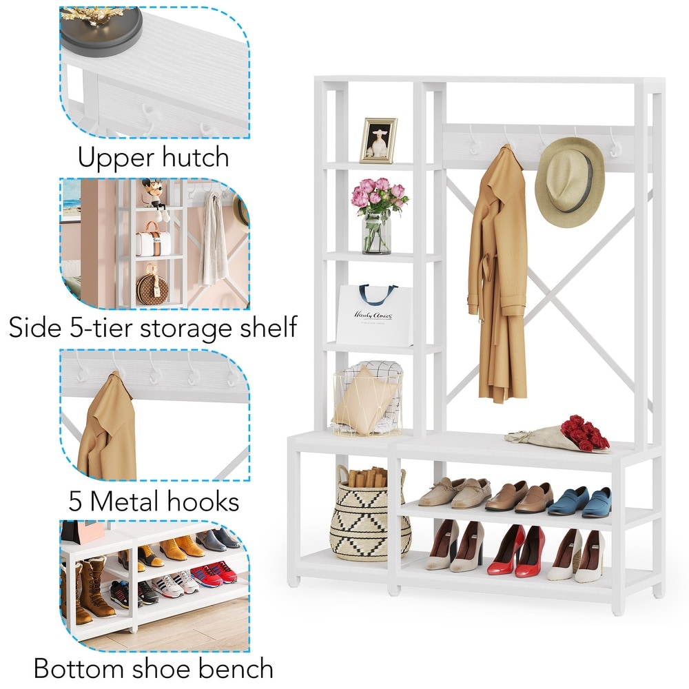 Entryway Hall Tree Coat Rack with Shoe Bench and Side Storage Shelves